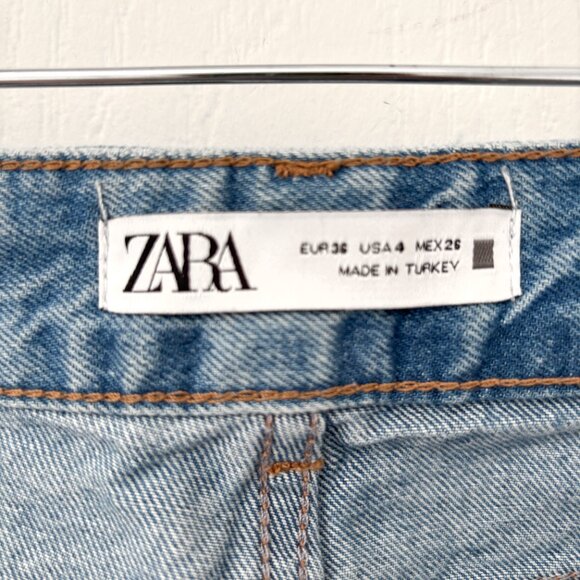 Zara - Button-Fly, Light-Wash Distressed High-Waisted, Straight-Leg Denim Jeans - Picture 6 of 8
